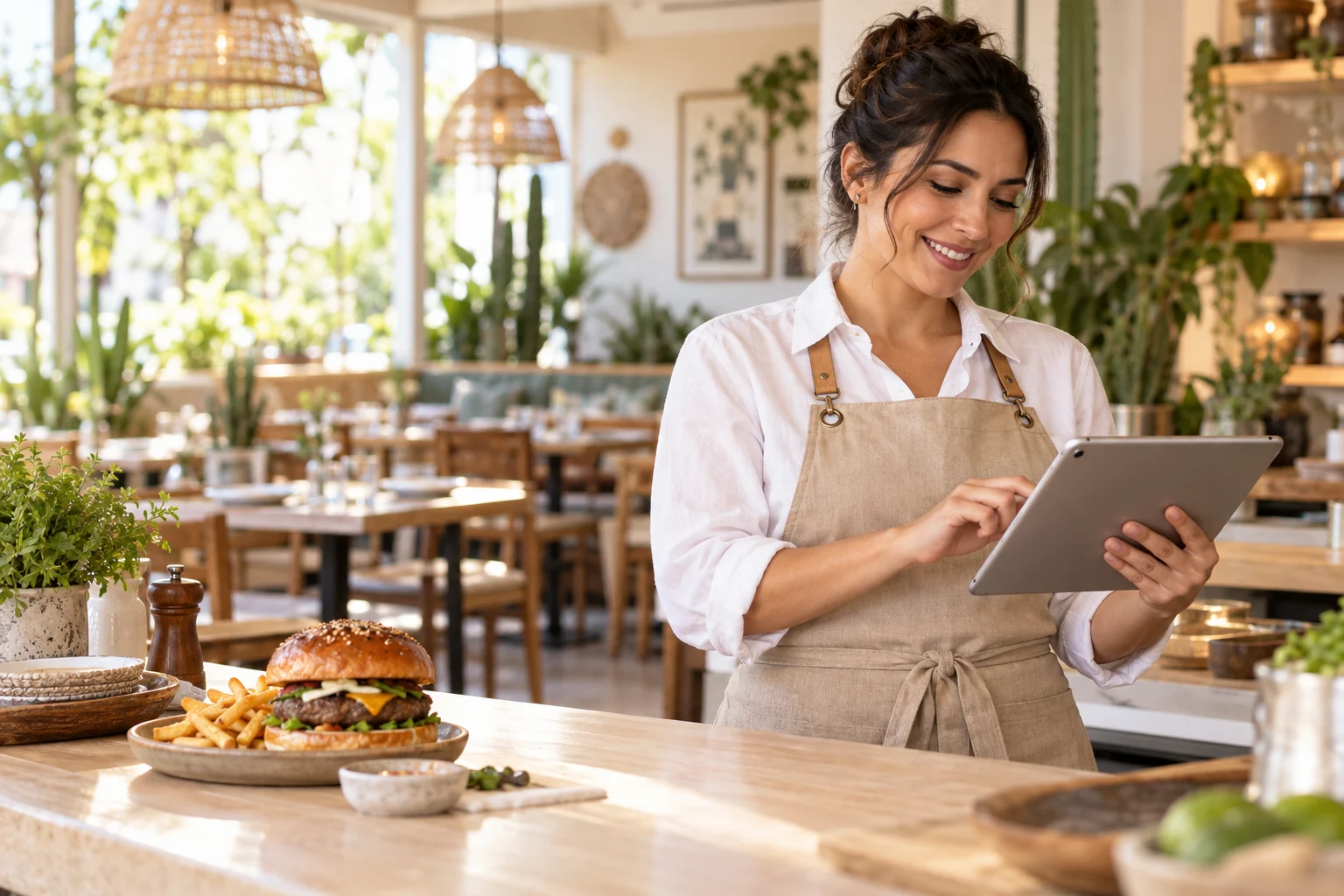 Dueña de un restaurante usando una tableta en un espacio luminoso