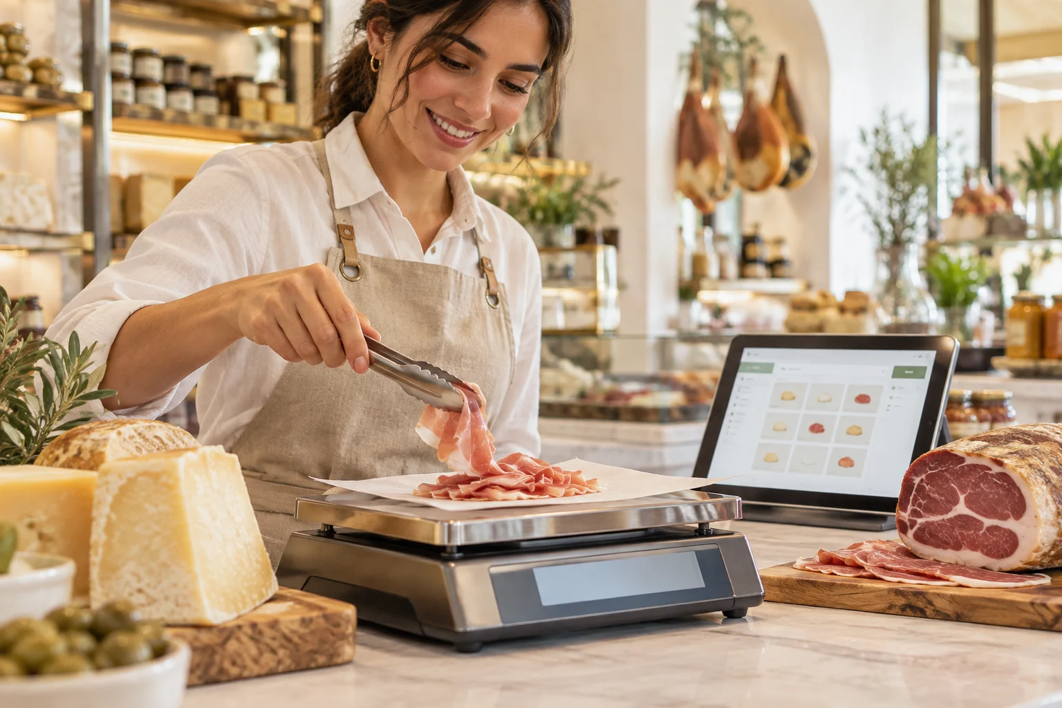Empleado de una delicatessen pesando jamón en una balanza junto a una tableta de inventario