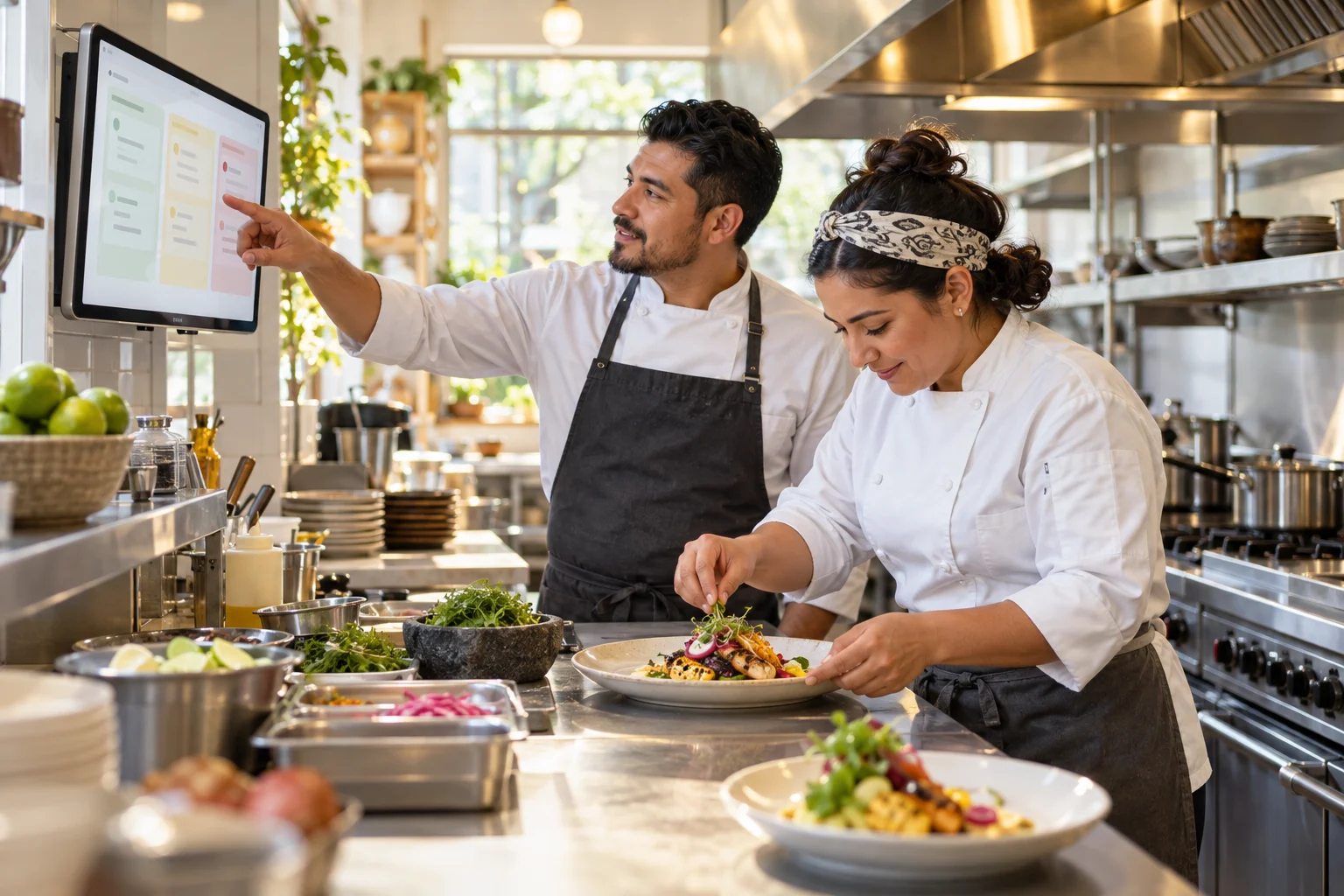 Cocineros consultando un tablero de pedidos en una cocina profesional luminosa