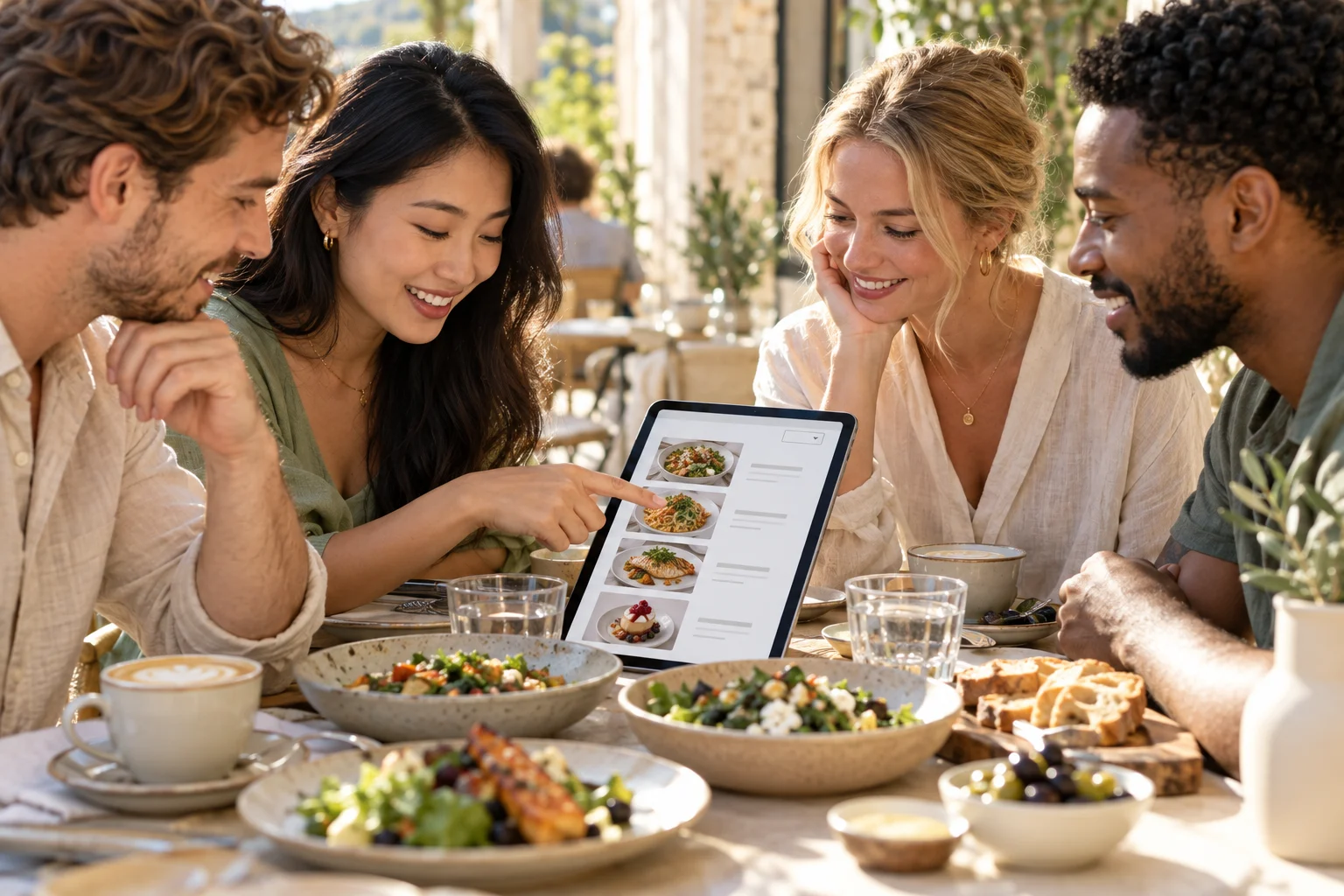 Personas compartiendo un menú en una tableta en una terraza luminosa