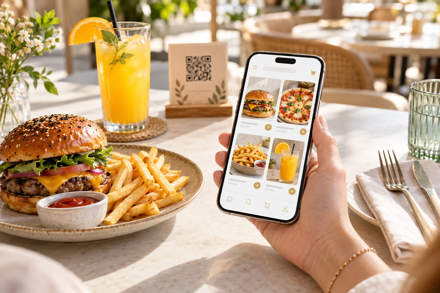 Celular con un menú de hamburguesas, pizza y bebidas sobre una mesa de restaurante