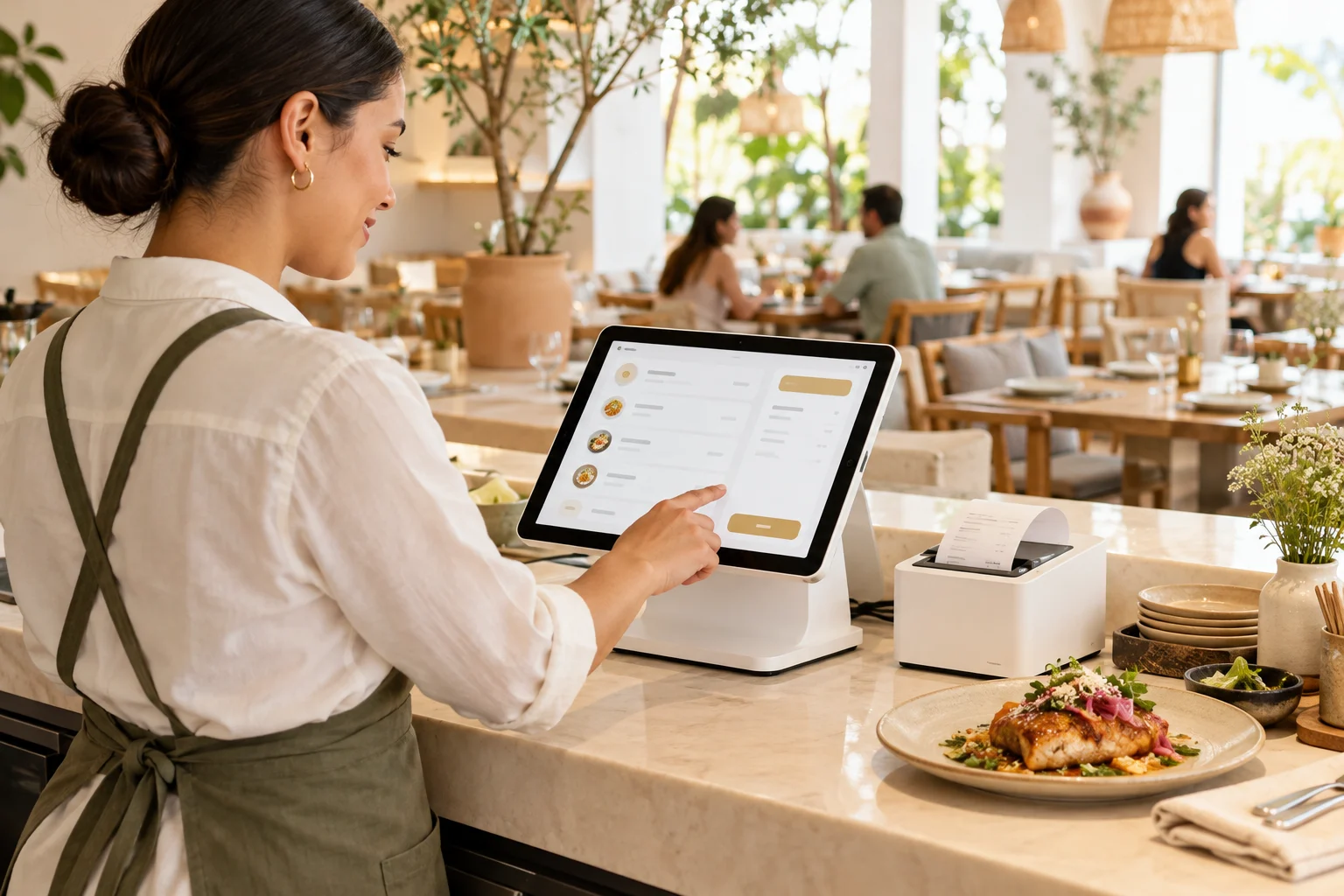 Tableta de punto de venta junto a una impresora de recibos en una cafetería