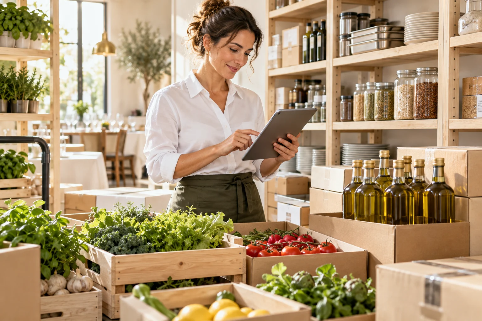 Responsable de restaurante revisando una entrega de productos y aceite con una tableta