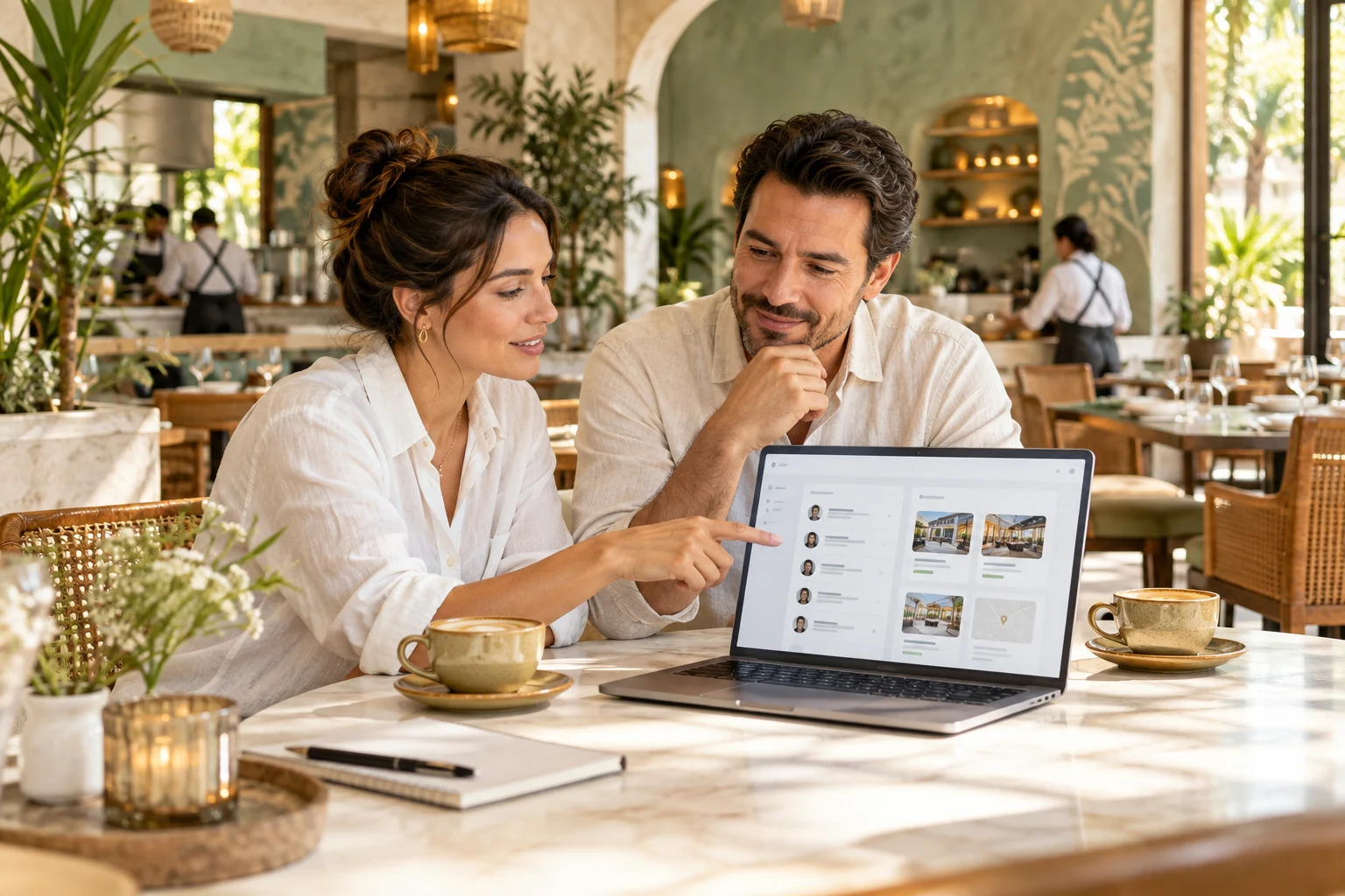 Dos responsables de restaurante revisando su equipo y sucursales en una laptop