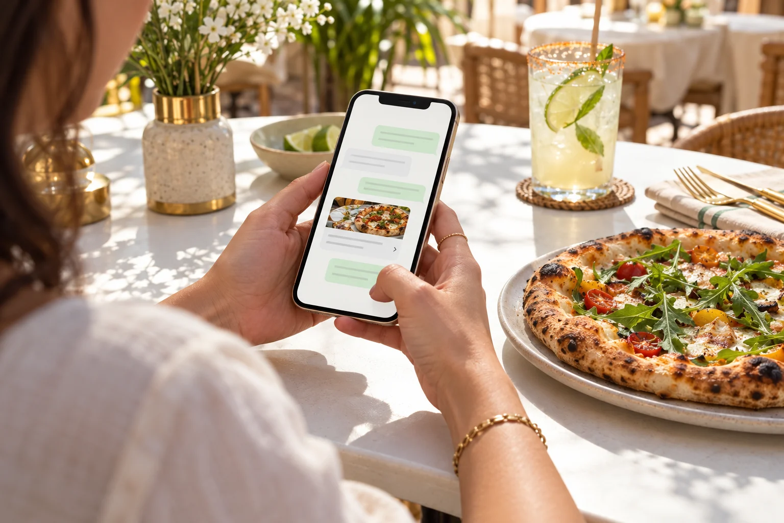 Cliente consultando una conversación de mensajería junto a su comida en un restaurante
